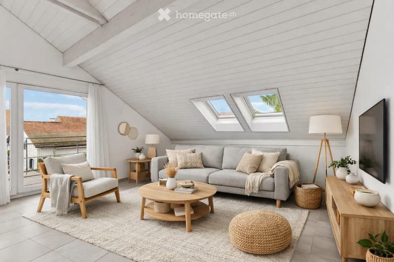 Bright living room with white shiplap walls, skylights, grey sofa, wooden coffee table, armchair, ottoman, floor lamp, side table, and decorative plants.