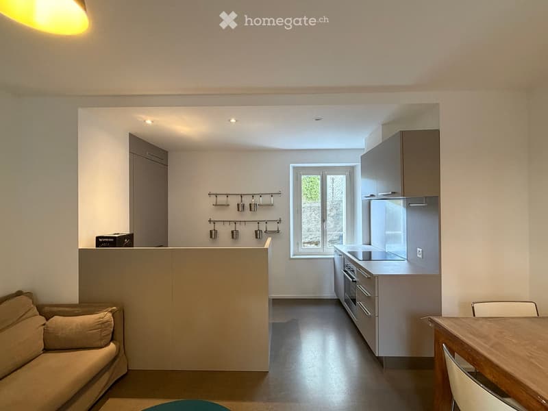 Open-plan living and kitchen area with a sofa, dining table, chairs, modern kitchen cabinets, and stainless steel appliances.