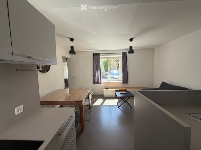 Furnished Room. Modern open-plan living and dining area with a sofa, dining table, chairs, and kitchen counter. Features large windows with curtains and pendant lights.
