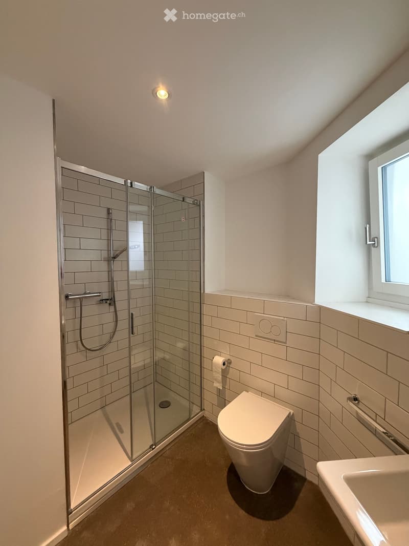 Bathroom. Modern bathroom with a glass-enclosed shower, toilet, and sink. Light-colored tiles and a window provide natural light.