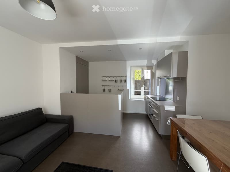 Furnished Room. Modern open-plan living and dining area with a grey sofa, wooden dining table, white chairs, and a sleek kitchen with grey cabinets and stainless steel appliances.