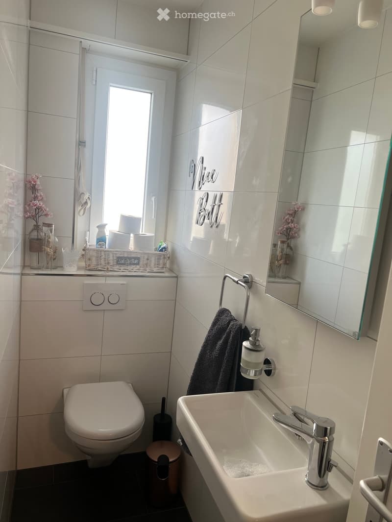 Modern bathroom with white tiles, a toilet, a sink with a chrome faucet, a mirror, a towel, a soap dispenser, and decorative items on the windowsill.