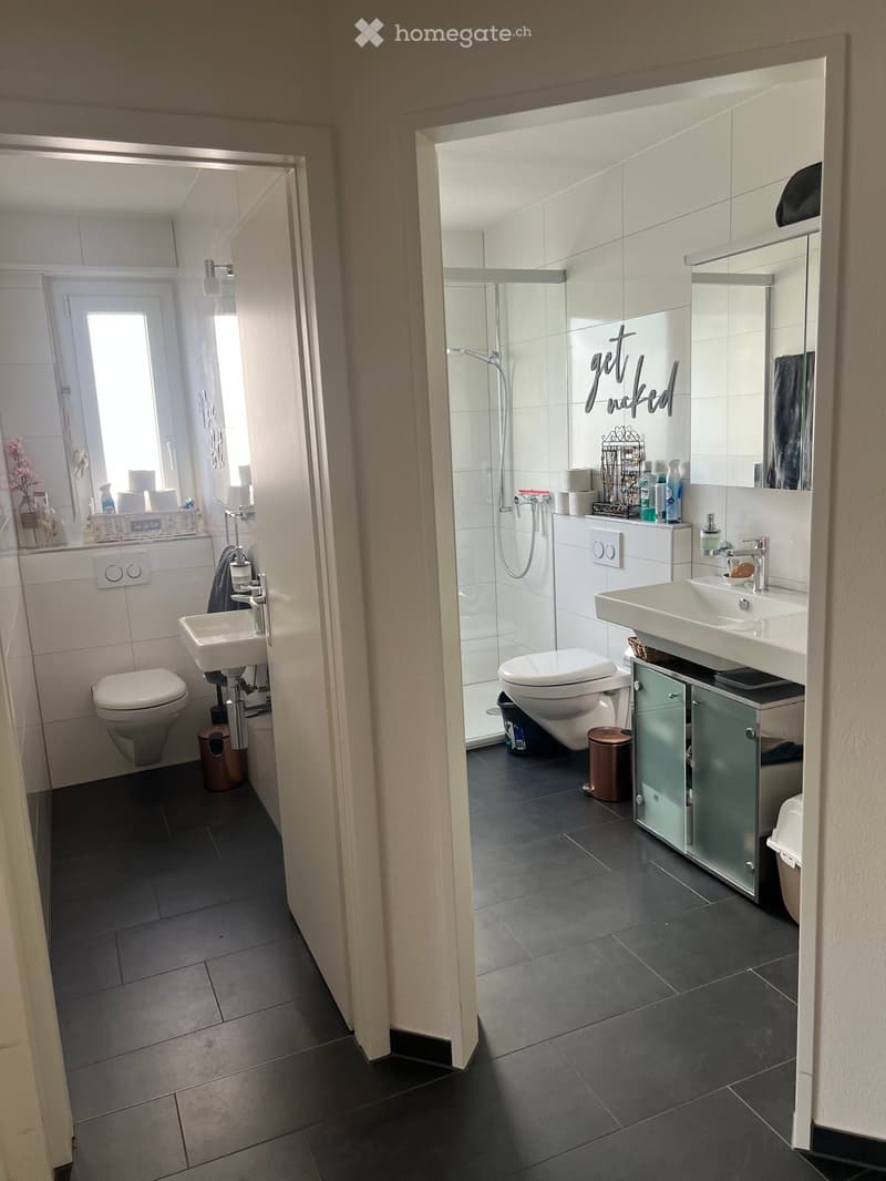 Modern bathroom with dark tiled floors, white walls, and two sinks. Features a glass-enclosed shower, a toilet, a mirrored cabinet, and various toiletries on the counter.
