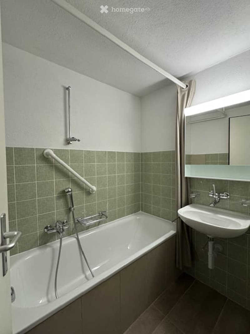 Modern bathroom with green tiled walls, a white bathtub, a sink with a modern faucet, a mirror, and a handrail for accessibility.