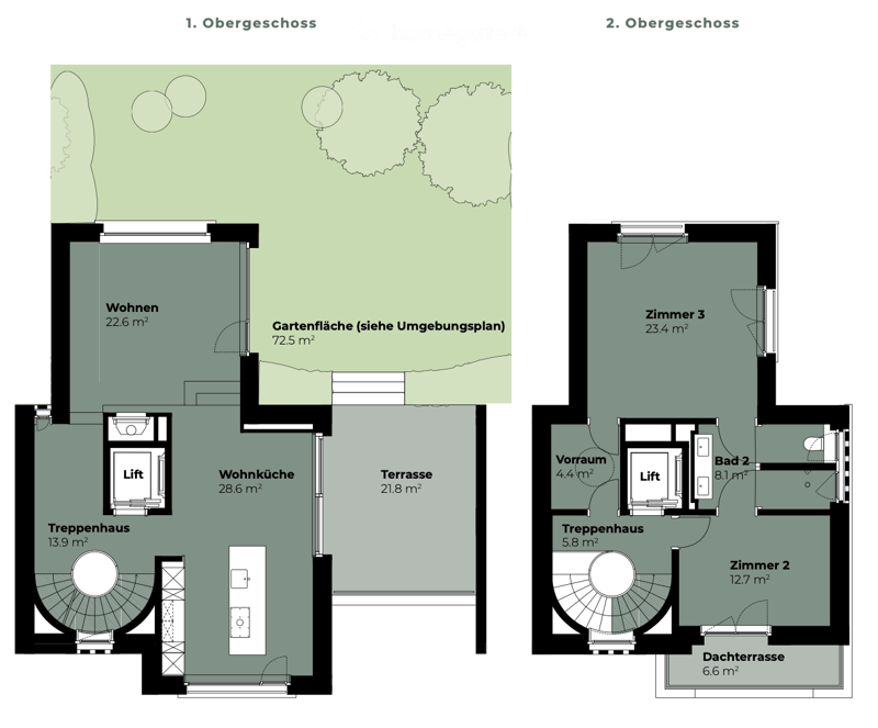Floor plan of two upper levels showing living space, kitchen, terrace, bedrooms, bathrooms, and stairwell.