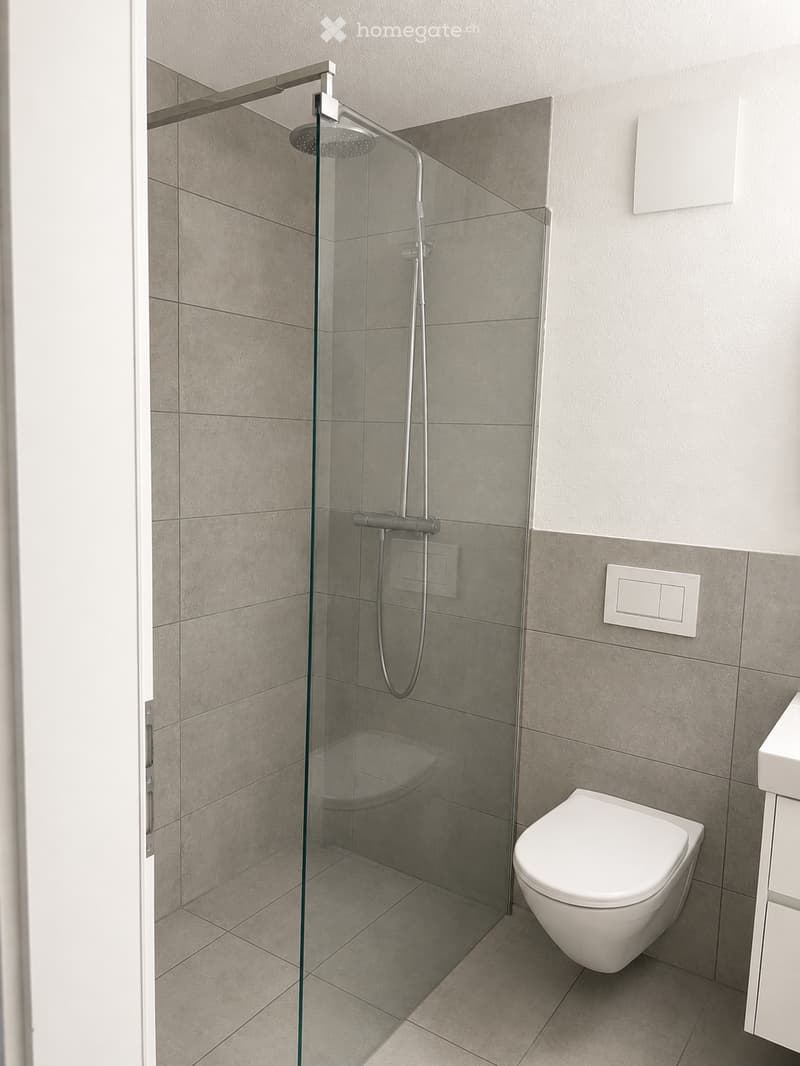 Modern bathroom with a glass-enclosed shower, a toilet, and a sleek showerhead. The walls and floor are tiled in a neutral gray color.