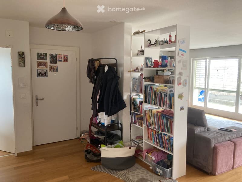 Entryway, white walls, wooden floor, white bookshelf, shoes, coat rack, grey couch, white door, lamps, windows, rugs