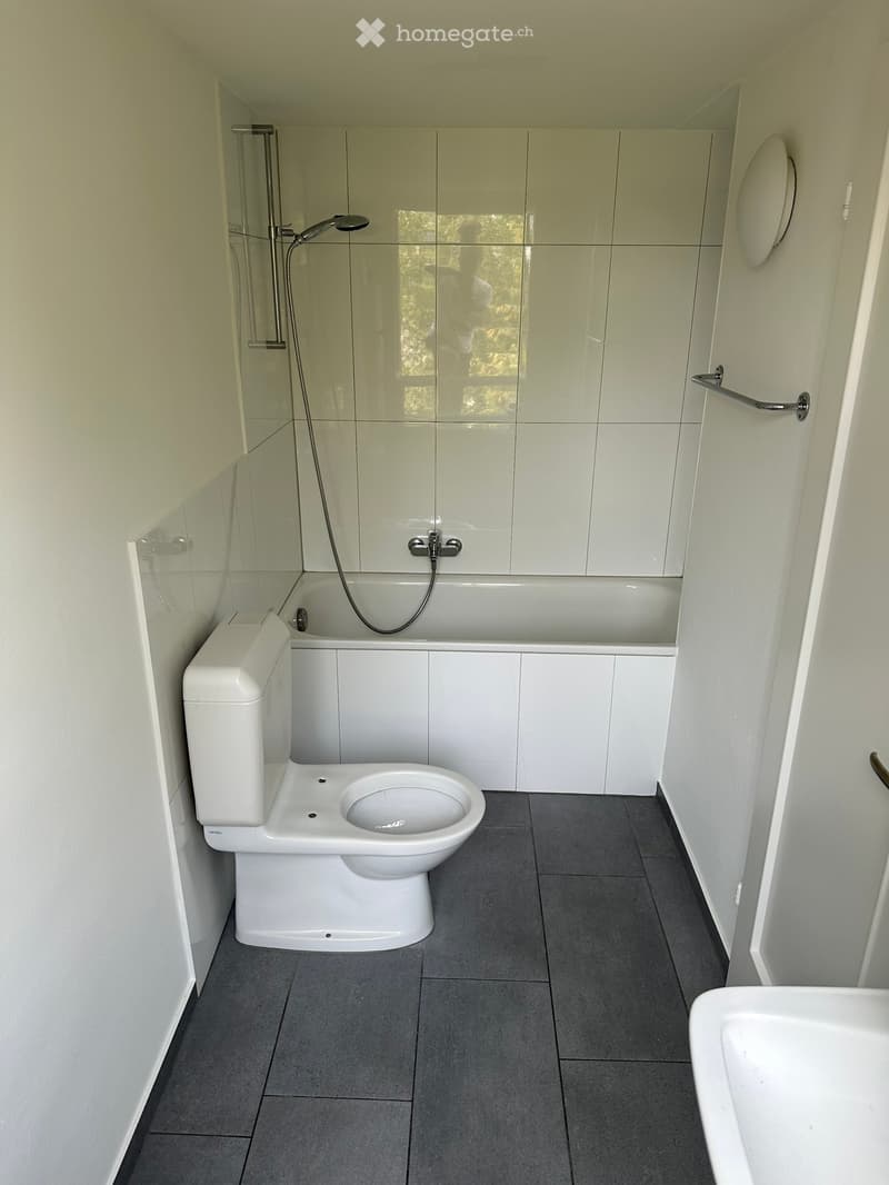 Modern bathroom with white tiles, a bathtub with a glass shower enclosure, a toilet, and a sink.