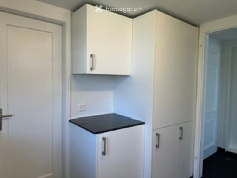 A small, modern kitchen with white cabinets, a grey countertop, and a door leading to another room.