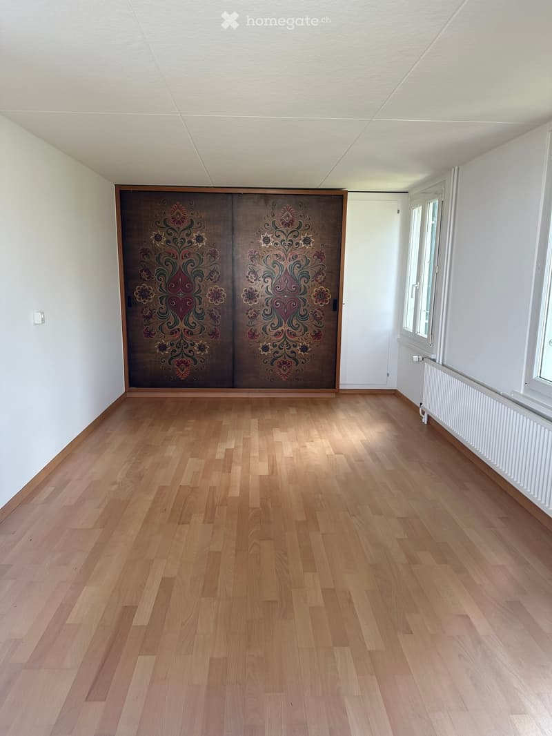 Empty room with light wooden flooring, white walls, and a large decorative double door. Windows and radiator are visible on one side.
