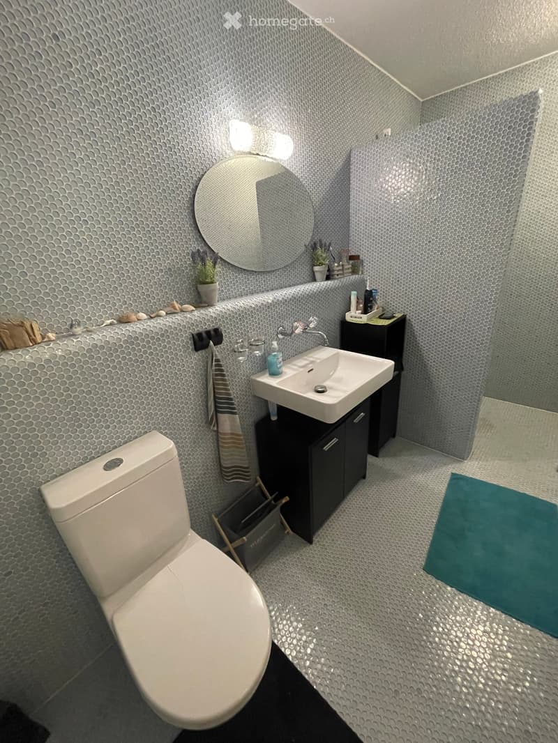 Modern bathroom with a white toilet, sink, and mirror. Features patterned tiles on walls and floor, a small plant on the windowsill, and a towel hanging on the side.