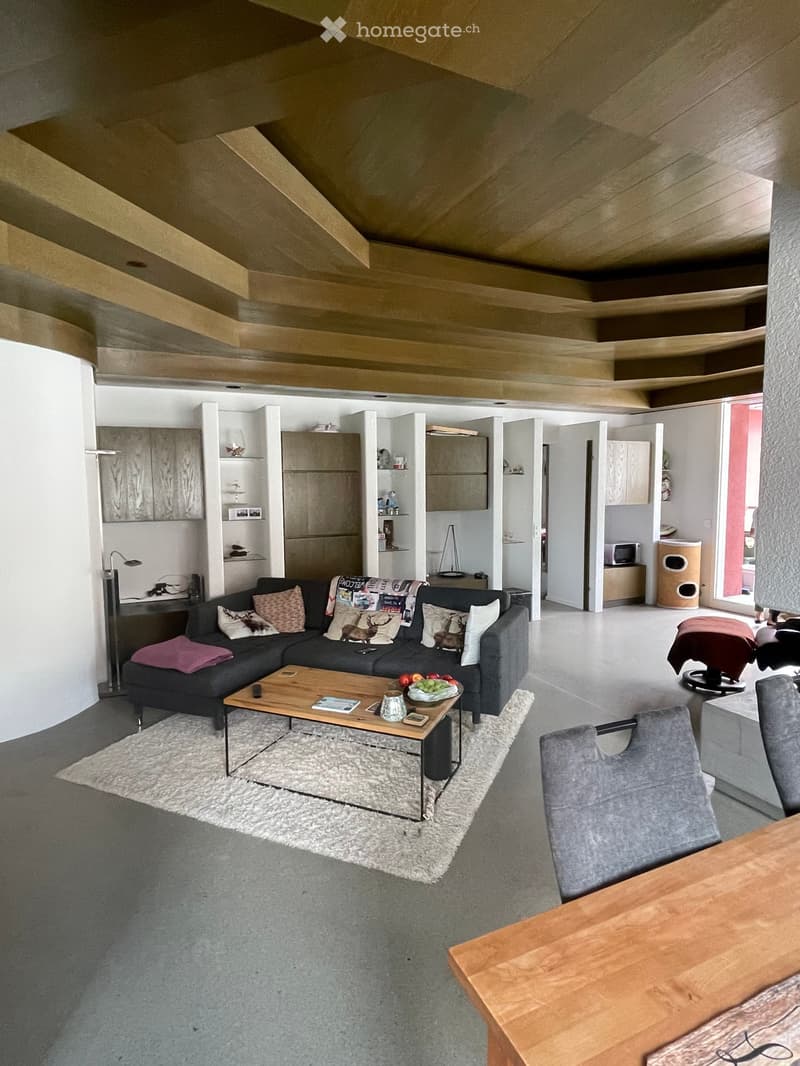 Modern living room with a grey sectional sofa, wooden coffee table, and a dining area with a wooden table and chairs. The space features a sleek, open layout with built-in cabinets and a cat litter box in the corner.
