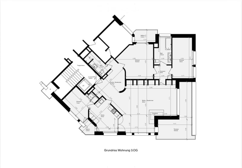Floor plan of a 3rd-floor apartment with multiple rooms including living area, bedrooms, bathrooms, kitchen, and a terrace.