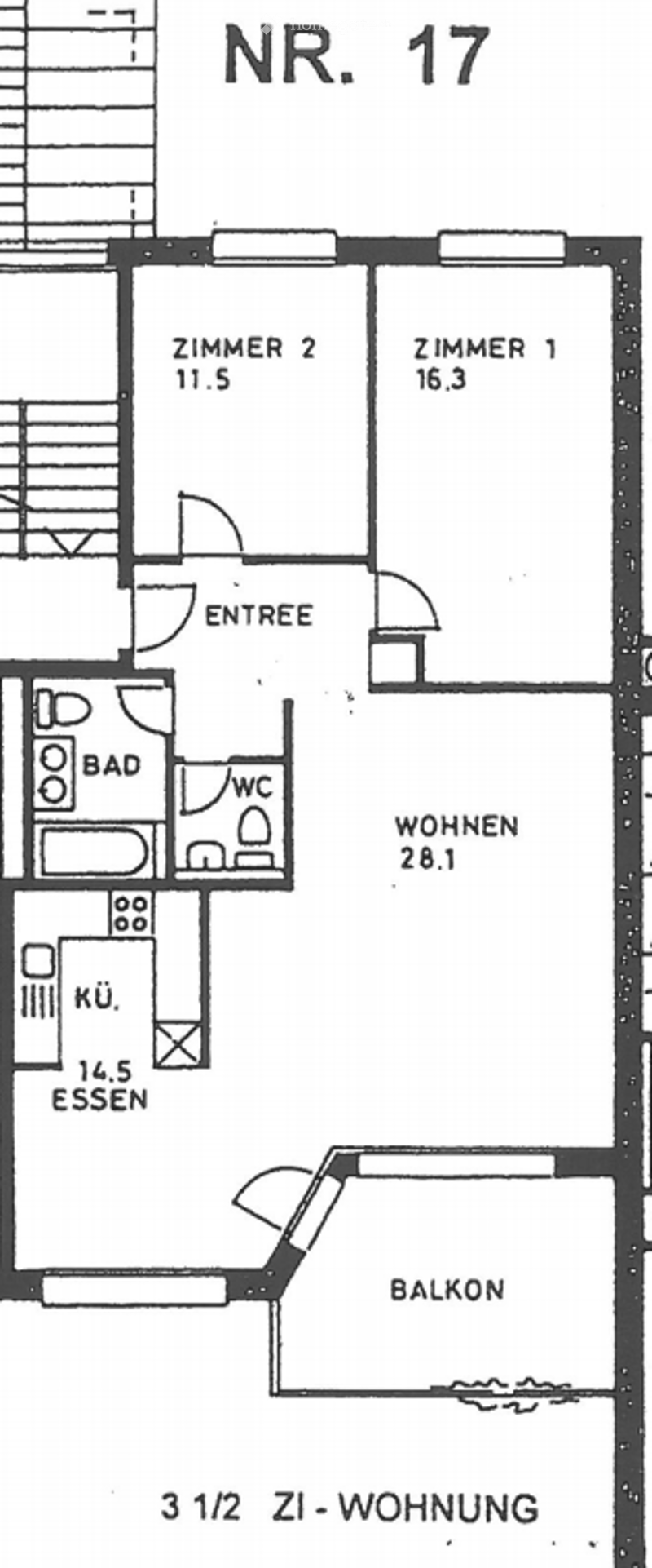 Floor plan of a 3.5-room apartment with two bedrooms, a living room, a kitchen, a bathroom, and a balcony.