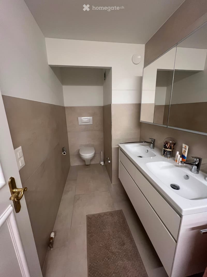 Modern bathroom with a double sink, toilet, mirror, and cabinet. Light-colored tiles and a small brown rug are visible.