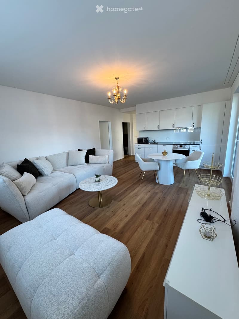 Modern living room with a white sectional sofa, coffee table, dining area with white chairs and table, kitchen area with cabinets and appliances, and a chandelier.