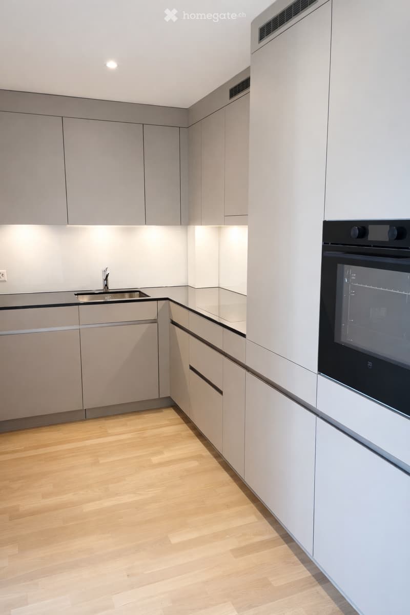 modern kitchen, white cabinets, wooden floor, stainless steel sink, built-in oven