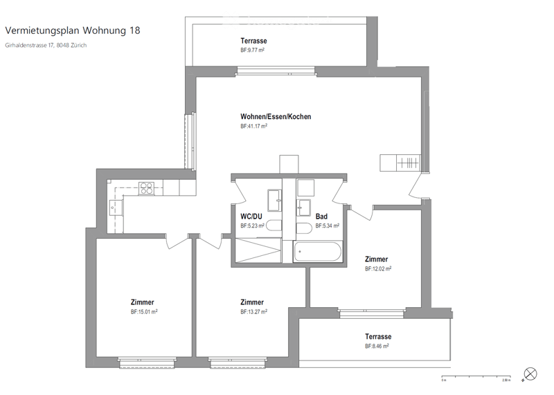 Living/Dining/Kitchen, 2 bedrooms, WC/DU, Bath, Terrace
