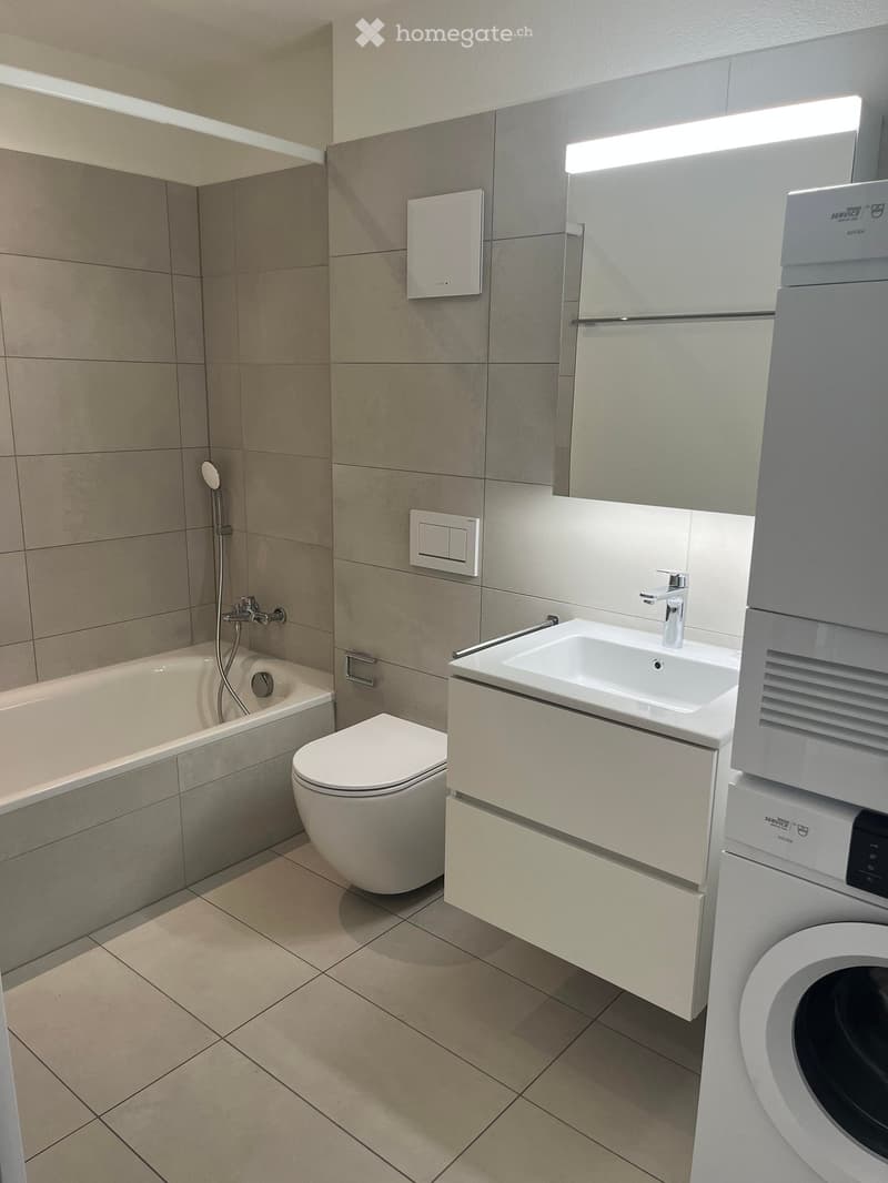 Bathroom with bathtub, toilet, sink, and washing machine