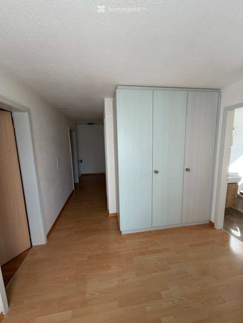 Empty hallway with light wooden flooring and white walls, featuring a built-in wardrobe on one side.