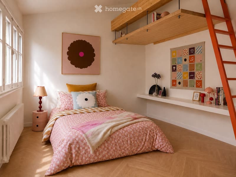 Cozy bedroom with a double bed, colorful bedding, nightstand with lamp, built-in shelves, artwork, and decorative items.