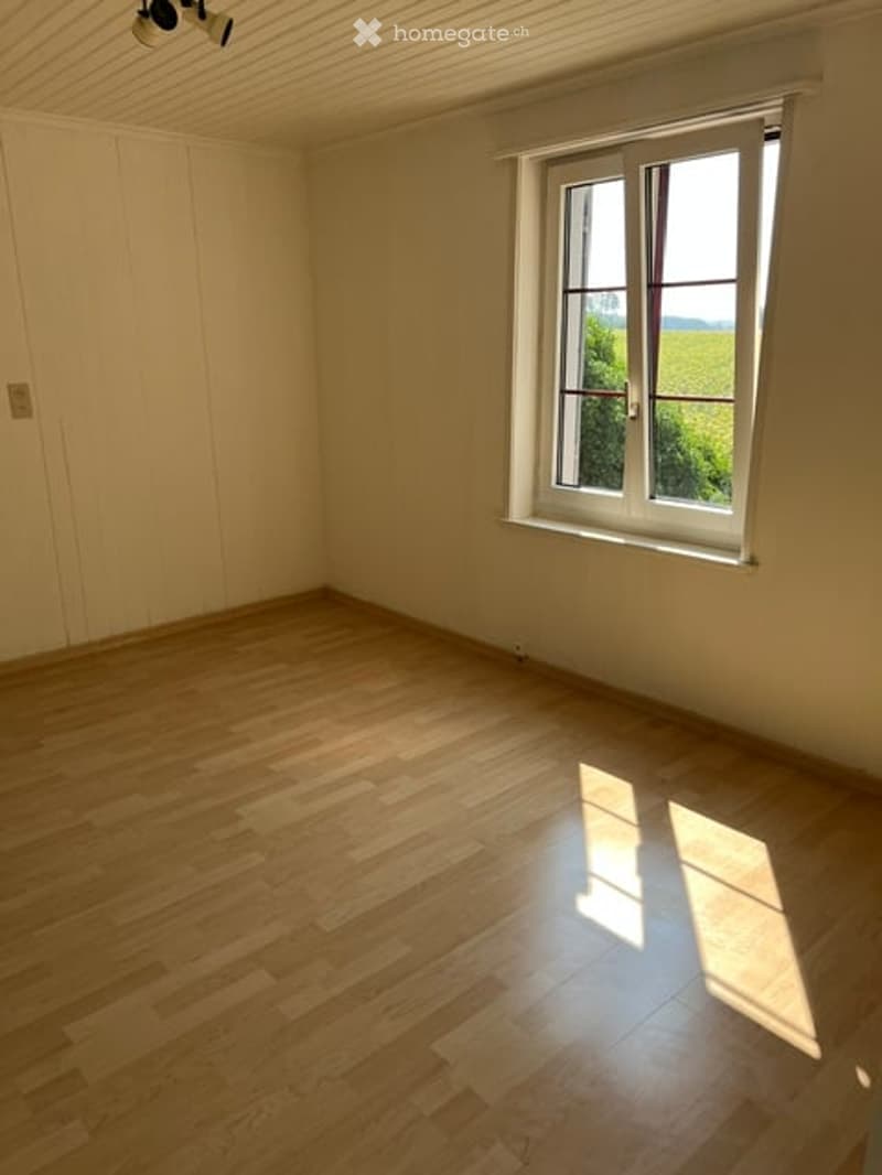 Empty room with wooden flooring, white walls, and a large window letting in natural light.