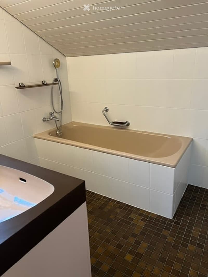 Modern bathroom with a beige bathtub, chrome fixtures, a handrail, and a dark countertop sink.