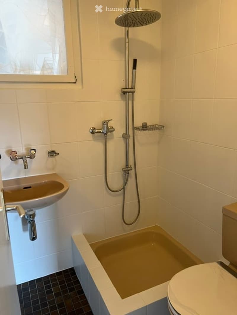 Modern bathroom with white tiled walls, a corner bathtub, a wall-mounted sink, and a handheld showerhead with a hose.