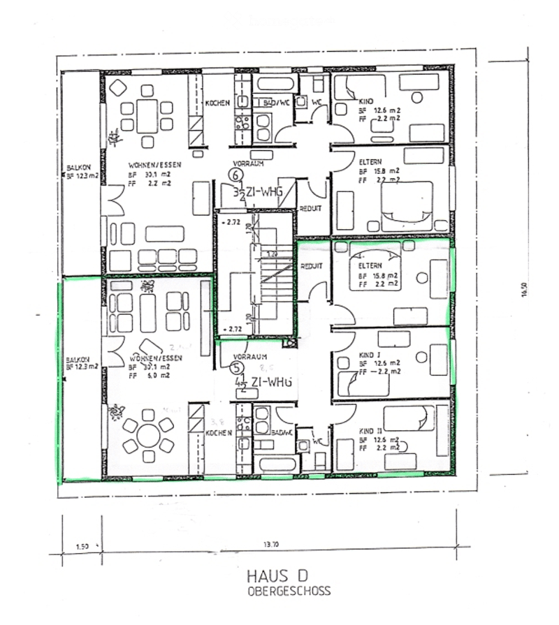 Floor plan of a two-story house, showing living spaces, bedrooms, bathrooms, and balconies.