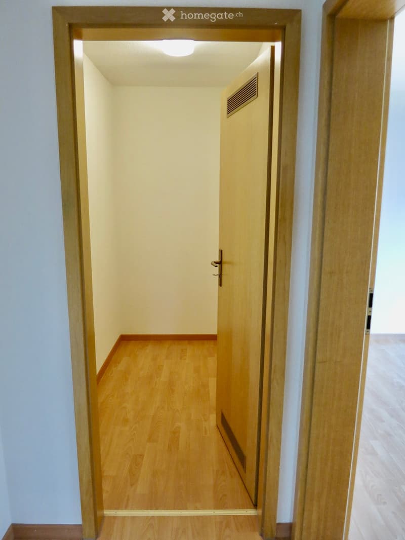 Empty hallway with wooden flooring, white walls, and a closed wooden door at the end.