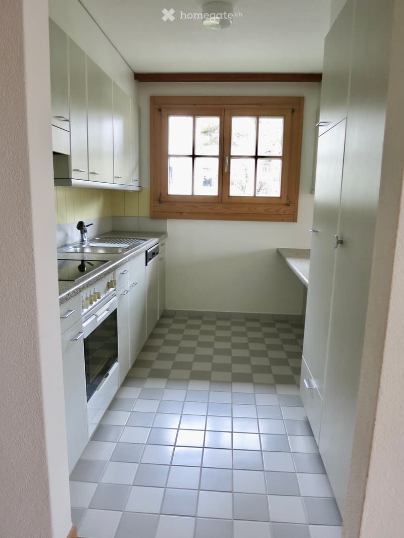 Empty kitchen with white cabinets, stainless steel sink, oven, and a window with wooden frame. Checkered backsplash and tiled floor.