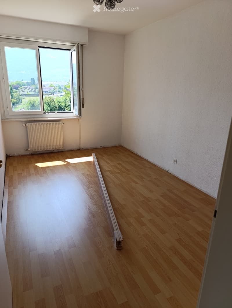 Empty room with wooden flooring, white walls, large window with view, radiator, and light fixture on ceiling.