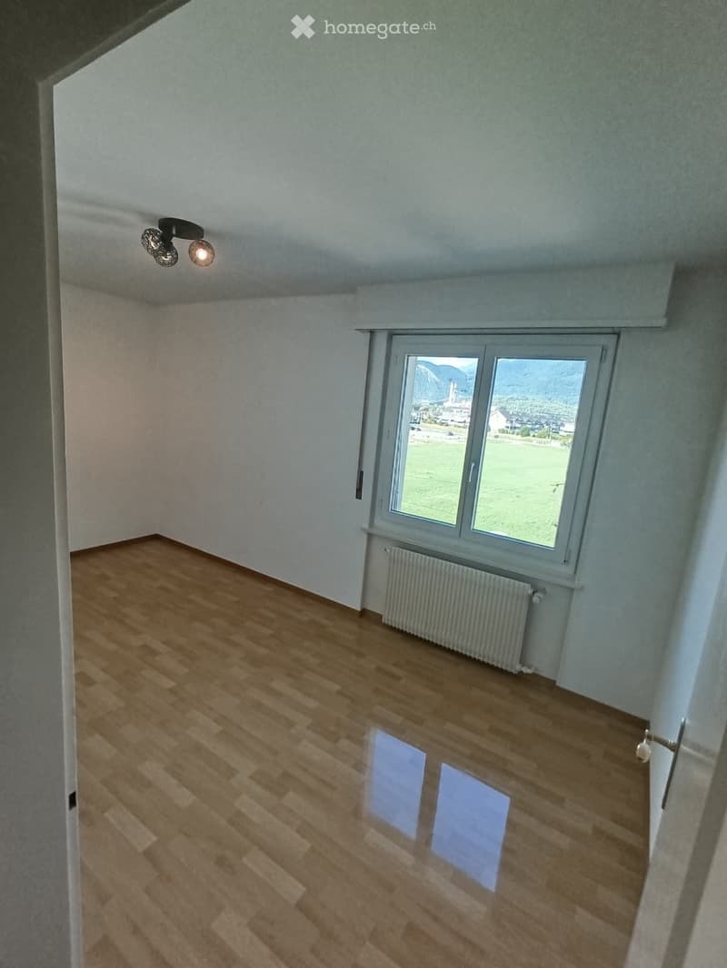 Empty room with wooden flooring, white walls, a large window with a scenic view, and a radiator below the window.