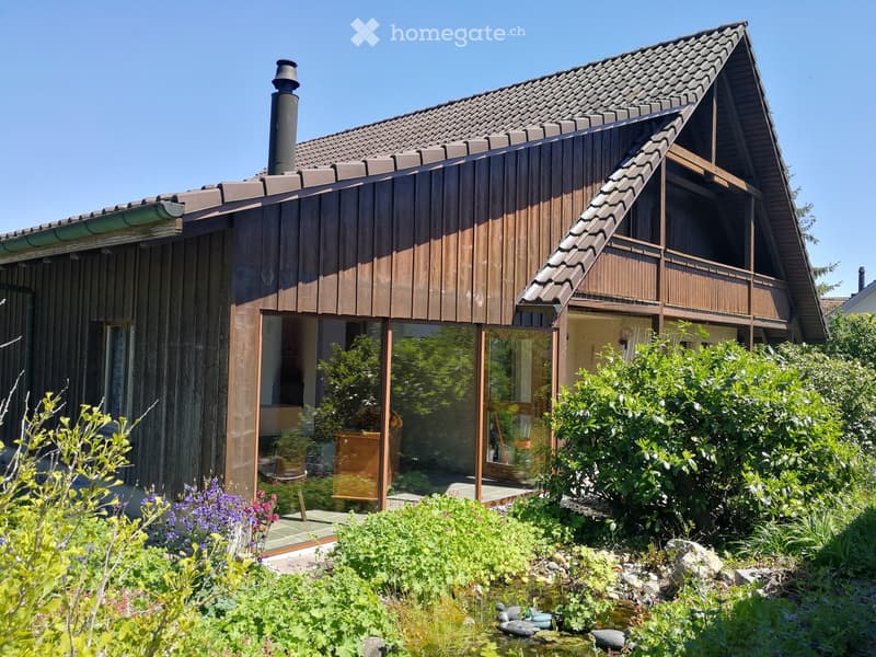 Modern wooden house with a sloped roof, large windows, and a well-maintained garden featuring a small pond with ducks.