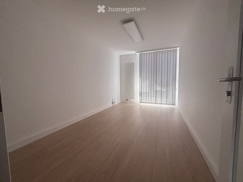 Empty hallway with light wooden flooring, white walls, and a closed door on the right side. A window with vertical blinds is visible at the end of the hallway.