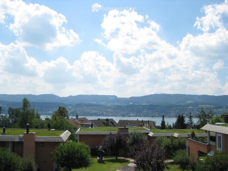 A modern building with a green roof, surrounded by trees and shrubs, overlooking a scenic lake and distant mountains.