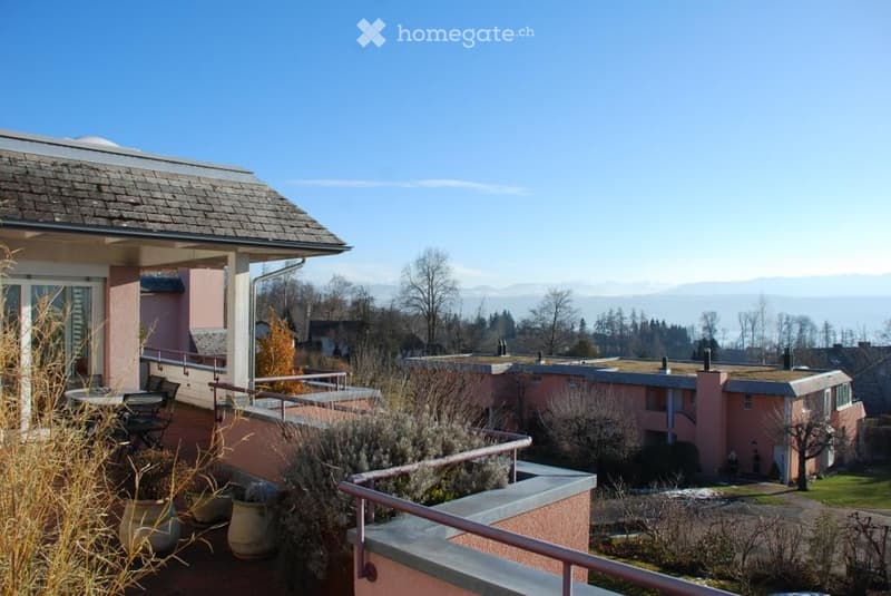 Balcony with a view of a residential area and distant mountains, featuring a table and chairs, potted plants, and a railing.