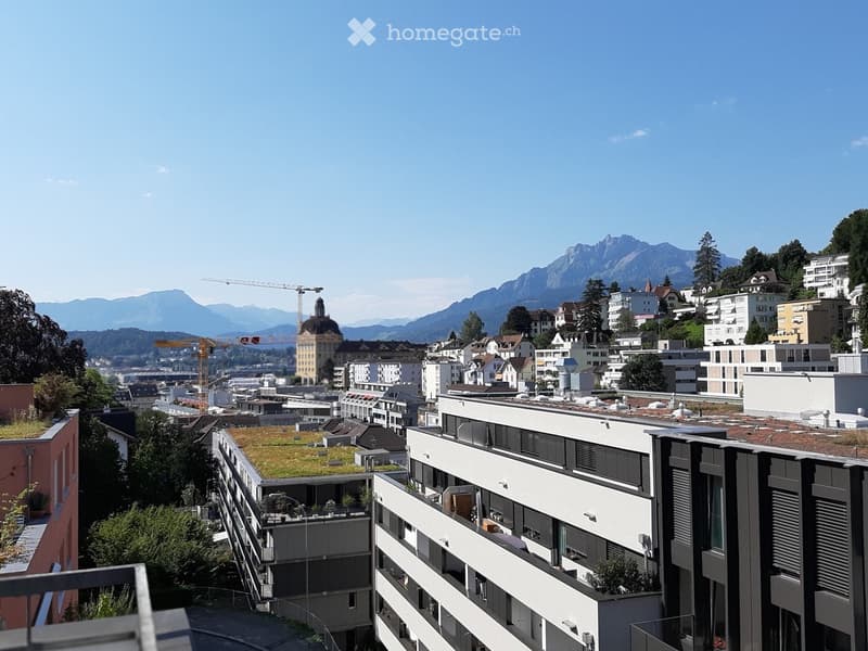 Urban view, modern buildings, green roofs, mountains in the background