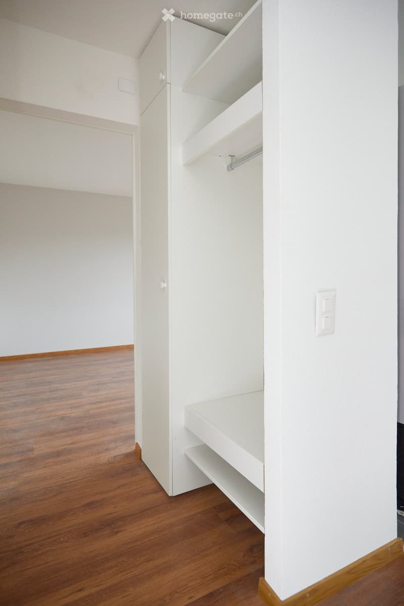 Empty room with white walls, wooden flooring, and built-in white shelving unit with multiple open shelves and a hanging rod.