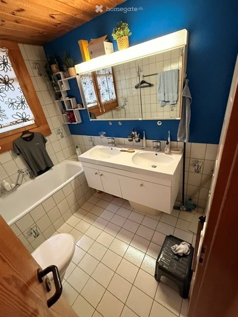 Bathroom with blue walls, white tiles, double sink, large mirror, bathtub, and small stool. Includes a towel and a plant on the shelf.