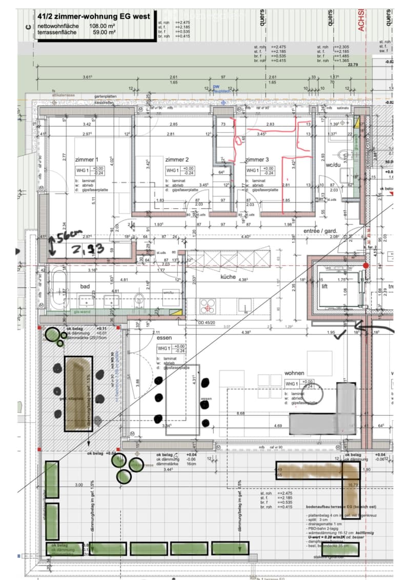 Floor plan of a 41/2 room apartment on the ground floor west, showing layout with rooms, dimensions, and technical details.