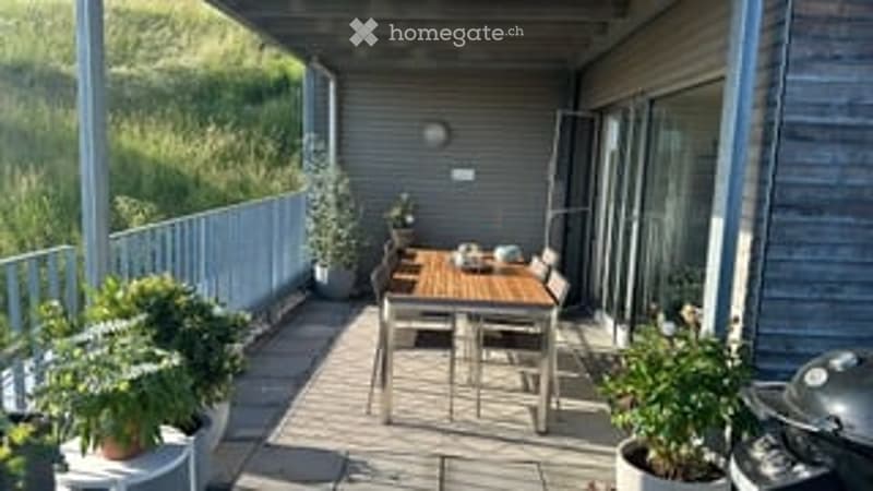 Balcony with wooden table, chairs, potted plants, and a grill.