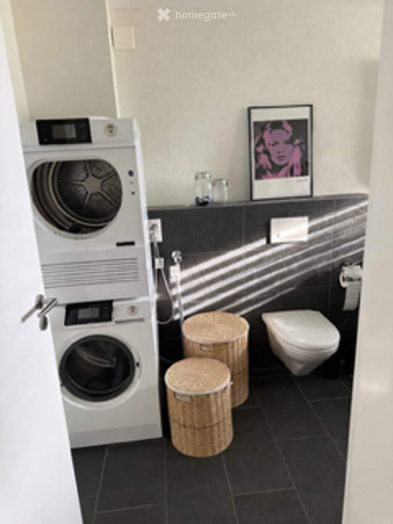 Modern bathroom with black tiled floor, white walls, washing machine, two wicker stools, and a framed picture on the wall.