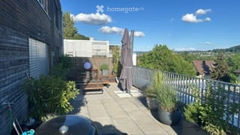 A modern patio area with wooden decking, outdoor furniture, potted plants, and a view of the surrounding greenery.