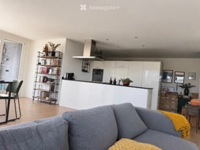 Modern open-plan living and dining area with a grey sofa, bookshelf, dining table with chairs, and a white kitchen island with built-in appliances.