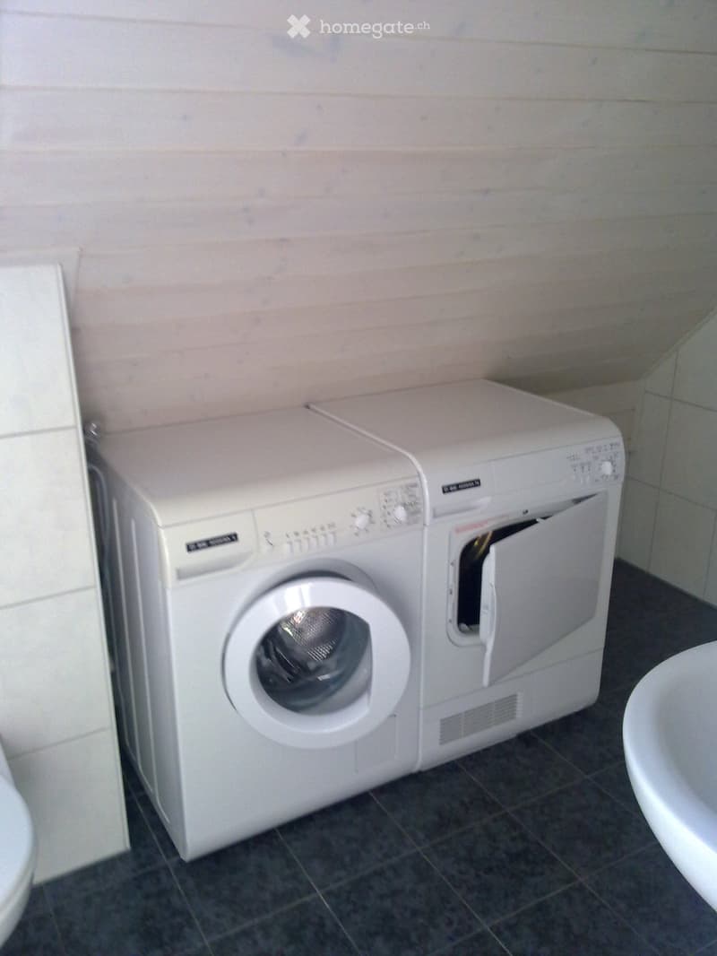 Bathroom with a white washing machine and a toilet, featuring tiled walls and floor.