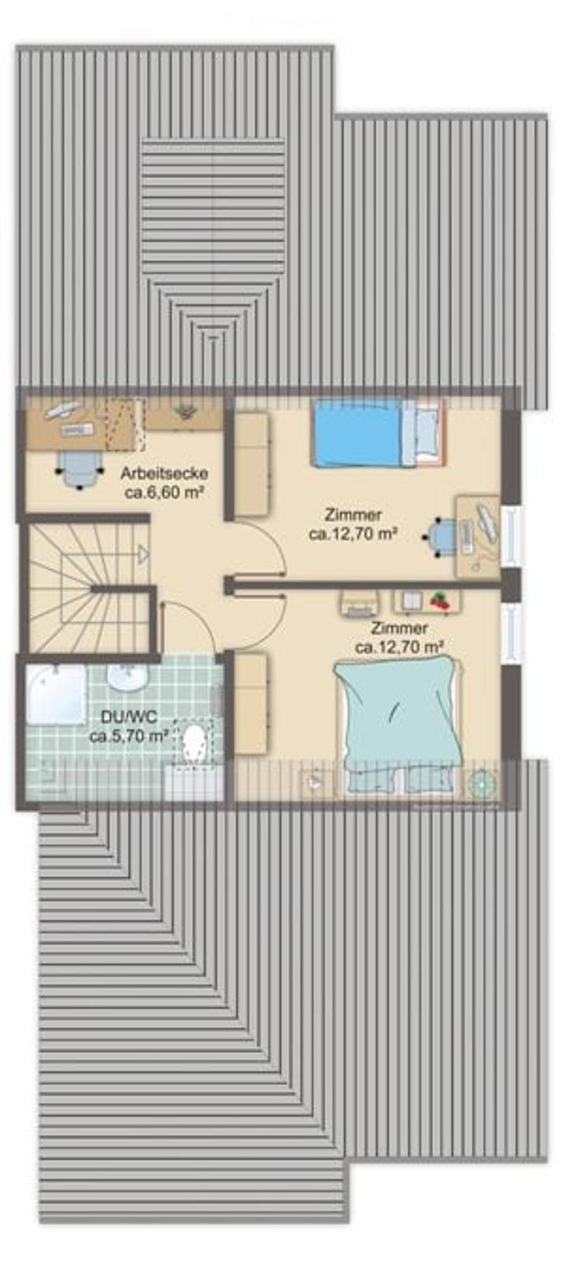 Floor plan of a residential unit with four rooms, including a workspace, two bedrooms, and a bathroom.