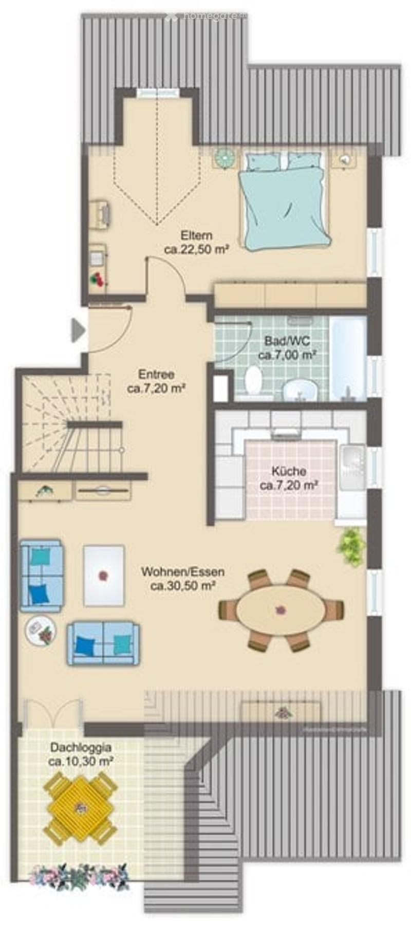 Floor plan of a 3-story house with living/dining area, kitchen, bedroom, bathroom, entrance, and additional room on the ground floor.
