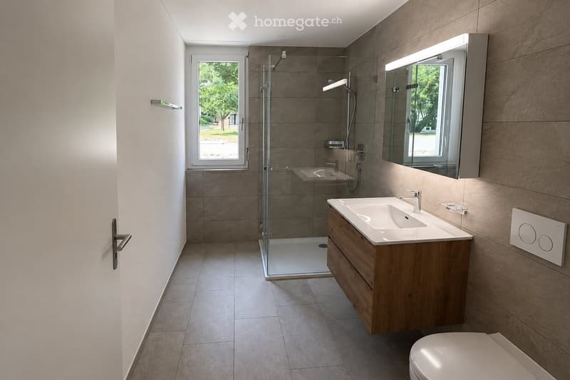 Modern bathroom with a wooden vanity, white sink, mirror, glass-enclosed shower, and a toilet. The space features tiled walls and floor, and a window providing natural light.