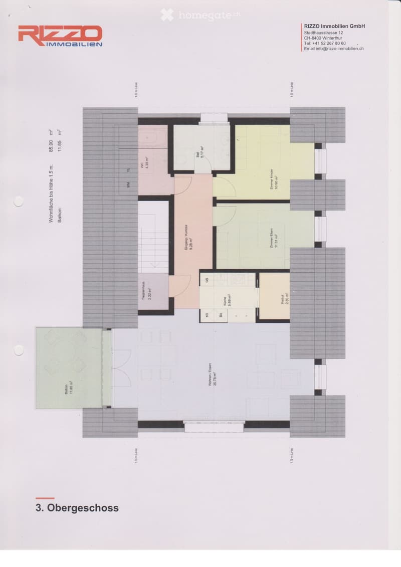 Floor plan of the third upper floor showing a living room, kitchen, two bedrooms, two bathrooms, and a balcony.